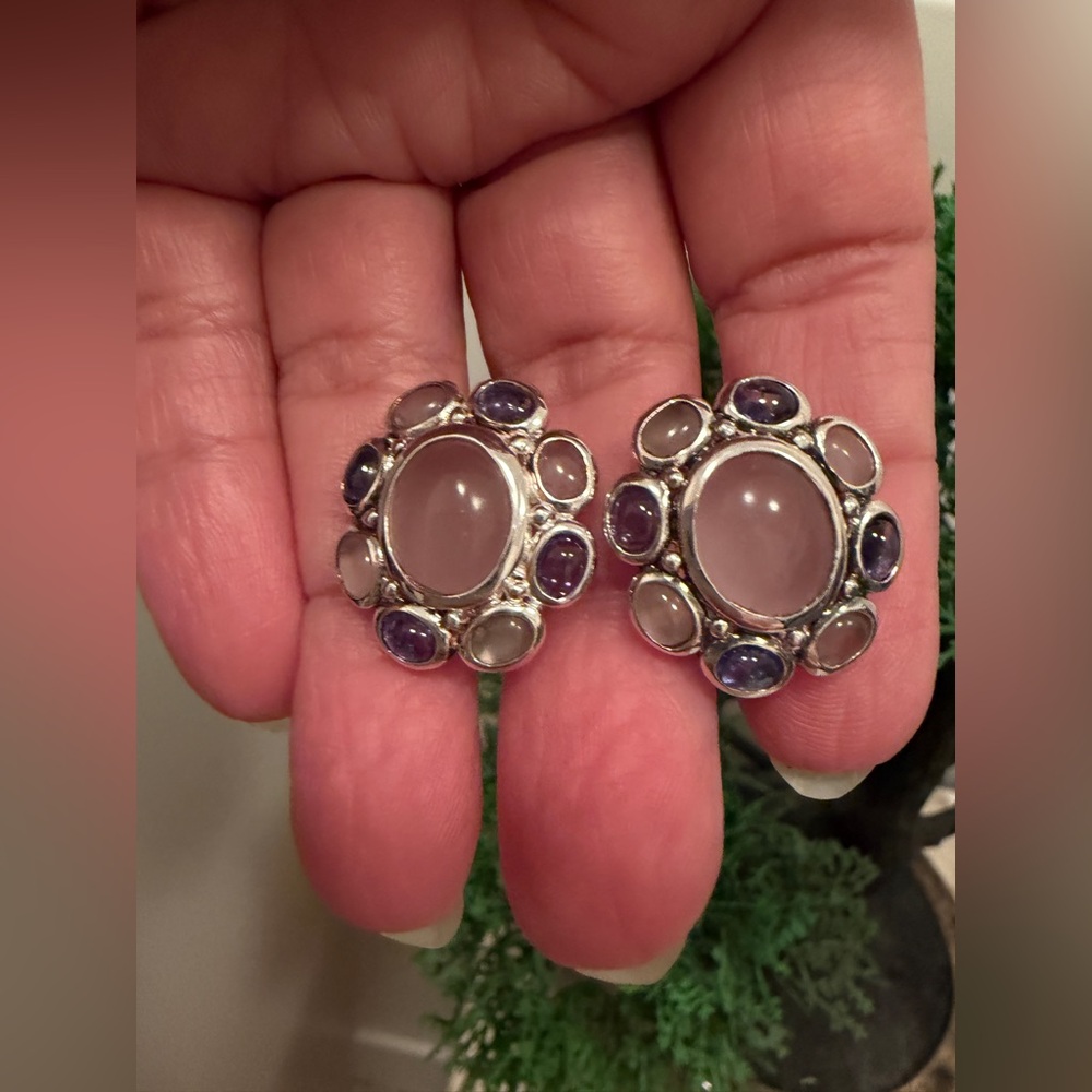 STERLING SILVER ROSE QUARTZ tanzanite earrings PIERCED OR CLIP vintage